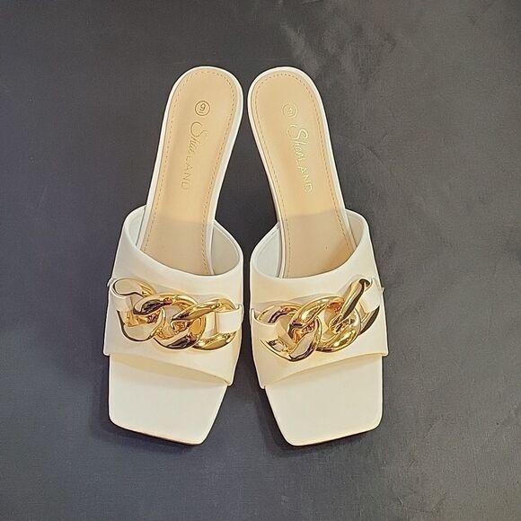 BRAND NEW SHOELAND SQUARE TOE SLIP-ON FOOT OPEN TOE GOLD CHAIN LINKING S… - Picture 5 of 16